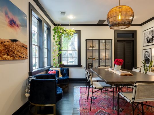 Dining room, Interior, Pendant Lights, Recessed Lighting, Wood Texture Flooring