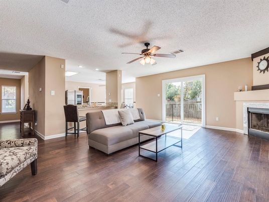 Dining room, Fireplace, Interior, Kitchen, Living room, Recessed Lighting, Wood Texture Flooring