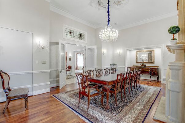 Chandelier, Dining room, Interior, Wood Texture Flooring