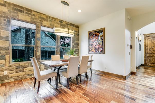 Dining room, Interior, Pendant Lights, Recessed Lighting, Stone Walls, Wood Texture Flooring