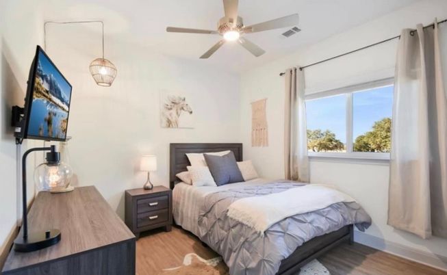 Bedroom, Interior, Pendant Lights, Wood Texture Flooring