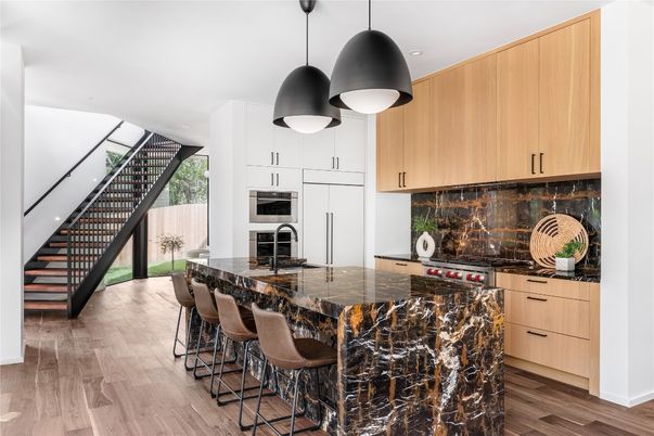 Interior, Kitchen, Pendant Lights, Recessed Lighting, Stainless Steel Appliances, Wood Texture Flooring