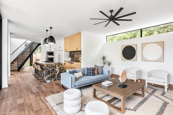 Dining room, Interior, Kitchen, Living room, Pendant Lights, Recessed Lighting, Stainless Steel Appliances, Wood Texture Flooring