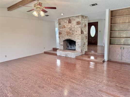 Empty room, Fireplace, Interior, Recessed Lighting, Wood Texture Flooring
