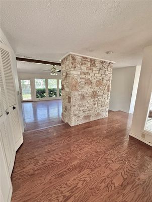 Empty room, Fireplace, Interior, Stone Walls, Wood Texture Flooring