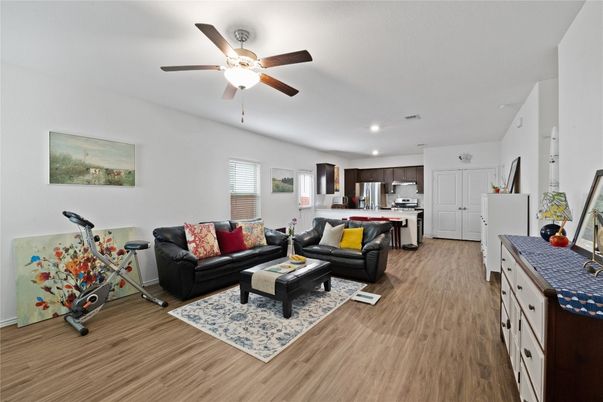 Interior, Kitchen, Living room, Recessed Lighting, Stainless Steel Appliances, Wood Texture Flooring