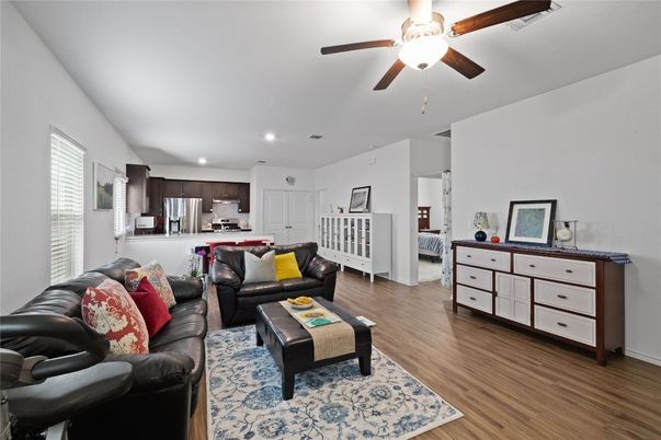 Interior, Kitchen, Living room, Recessed Lighting, Stainless Steel Appliances, Wood Texture Flooring
