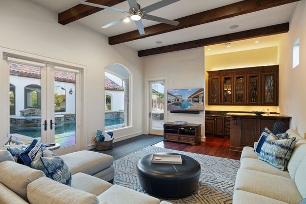 Interior, Living room, Recessed Lighting, Wooden Beams, Wood Texture Flooring