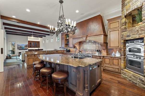 Chandelier, Interior, Kitchen, Recessed Lighting, Stainless Steel Appliances, Wooden Beams, Wood Texture Flooring