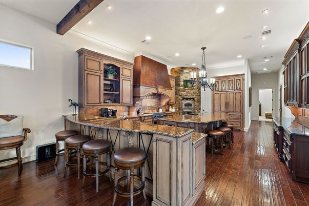 Chandelier, Dining room, Fireplace, Interior, Kitchen, Pendant Lights, Recessed Lighting, Wooden Beams, Wood Texture Flooring