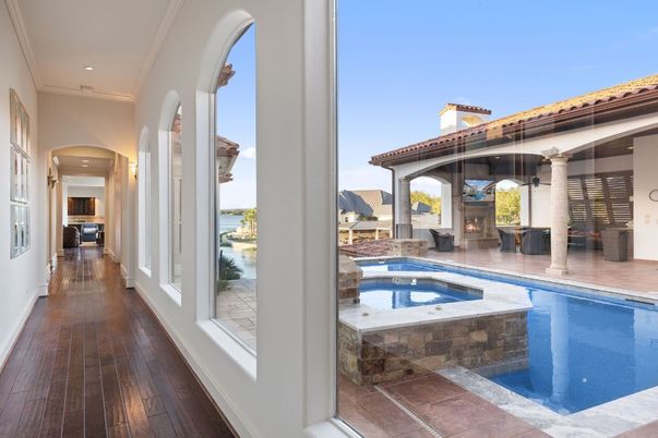 Fireplace, Interior, Pool, Recessed Lighting, Wood Texture Flooring