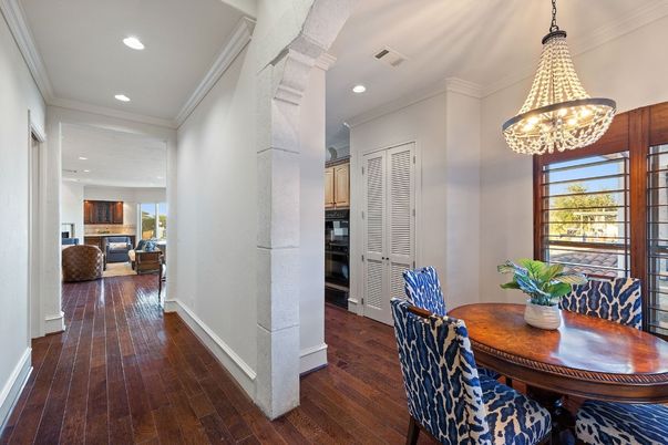 Dining room, Interior, Kitchen, Pendant Lights, Recessed Lighting, Wood Texture Flooring