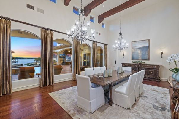 Chandelier, Dining room, Interior, Recessed Lighting, Water, Wooden Beams, Wood Texture Flooring