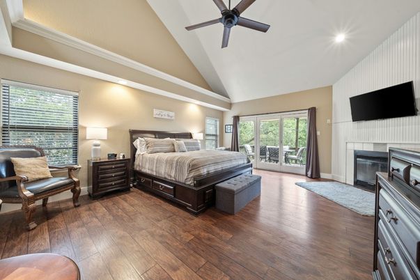 Bedroom, Fireplace, Interior, Wood Texture Flooring