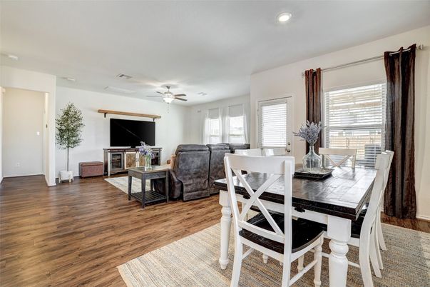 Dining room, Interior, Living room, Recessed Lighting, Wood Texture Flooring