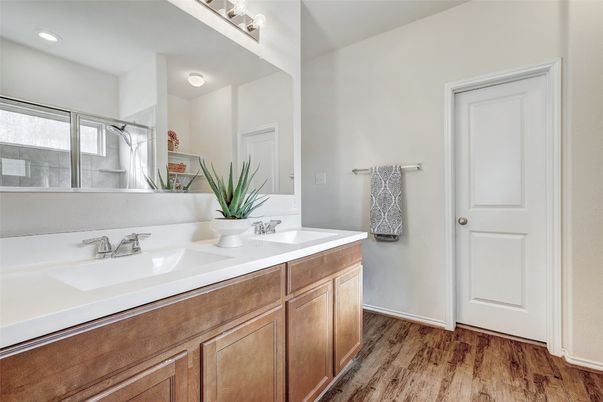 Bathroom, Dual Sink Vanities, Interior, Recessed Lighting, Wood Texture Flooring