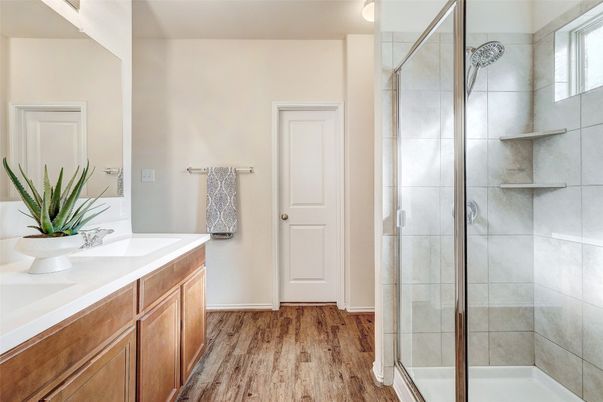 Bathroom, Glass Shower, Interior, Wood Texture Flooring
