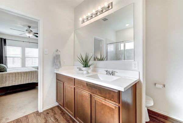 Bathroom, Bedroom, Dual Sink Vanities, Interior, Recessed Lighting, Wood Texture Flooring