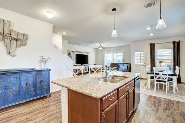 Dining room, Interior, Pendant Lights, Recessed Lighting, Wood Texture Flooring