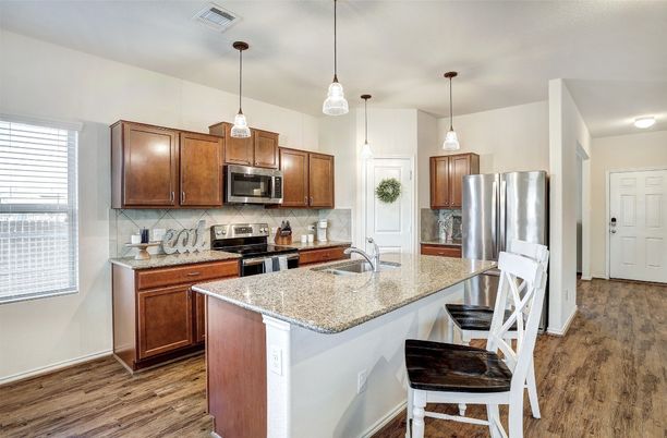 Interior, Kitchen, Pendant Lights, Stainless Steel Appliances, Wood Texture Flooring