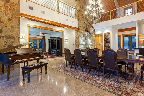 Chandelier, Dining room, Interior, Piano, Stone Walls, Wooden Beams