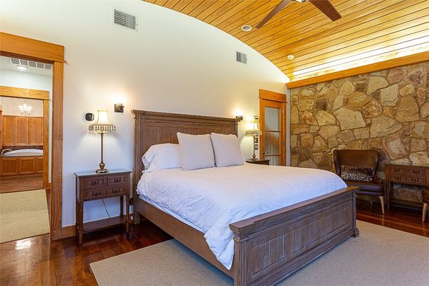 Bedroom, Interior, Recessed Lighting, Stone Walls, Wooden Ceilings, Wood Texture Flooring