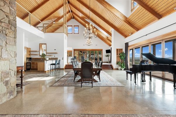 Chandelier, Dining room, Interior, Pendant Lights, Piano, Stone Walls, Wooden Beams, Wooden Ceilings