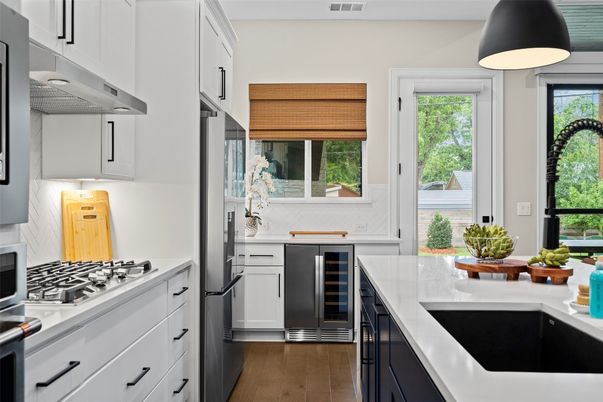 Interior, Kitchen, Pendant Lights, Stainless Steel Appliances, Wood Texture Flooring