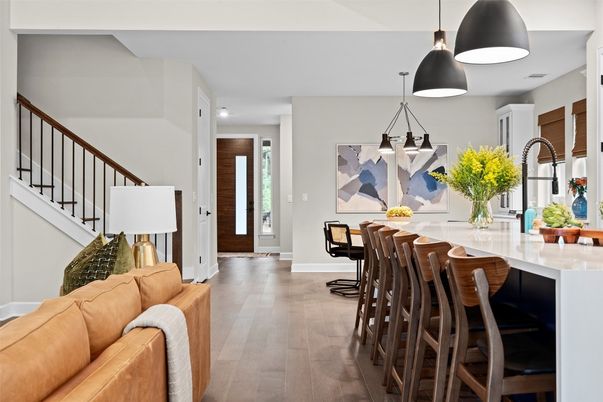 Dining room, Interior, Pendant Lights, Recessed Lighting, Wood Texture Flooring