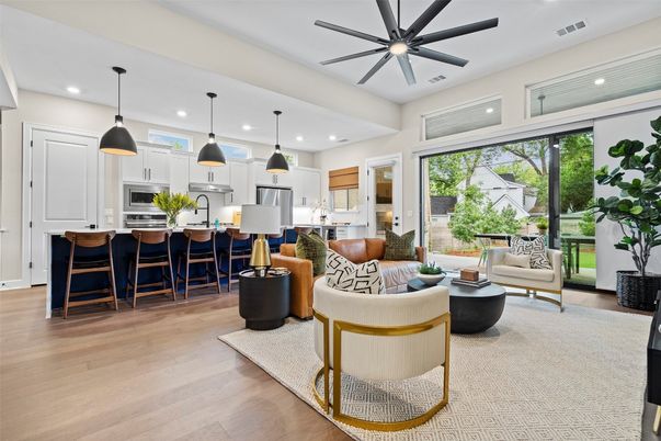 Interior, Kitchen, Living room, Pendant Lights, Recessed Lighting, Stainless Steel Appliances, Wood Texture Flooring