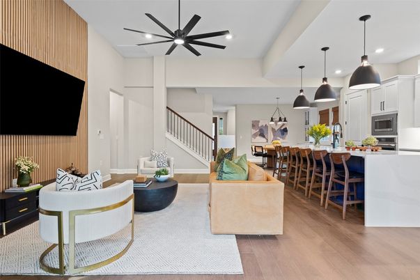 Dining room, Interior, Kitchen, Living room, Pendant Lights, Recessed Lighting, Stainless Steel Appliances, Wood Texture Flooring