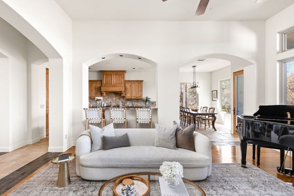 Dining room, Interior, Kitchen, Living room, Pendant Lights, Piano, Recessed Lighting, Wood Texture Flooring