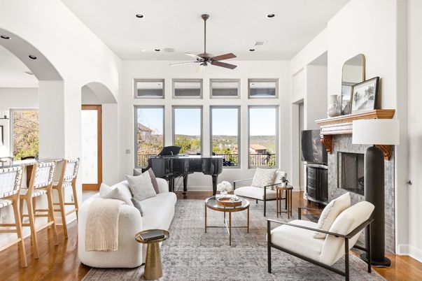 Fireplace, Interior, Living room, Piano, Recessed Lighting, Wood Texture Flooring