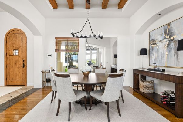 Chandelier, Dining room, Interior, Wooden Beams, Wood Texture Flooring