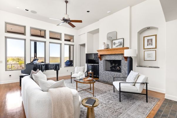 Fireplace, Interior, Living room, Recessed Lighting, Wood Texture Flooring