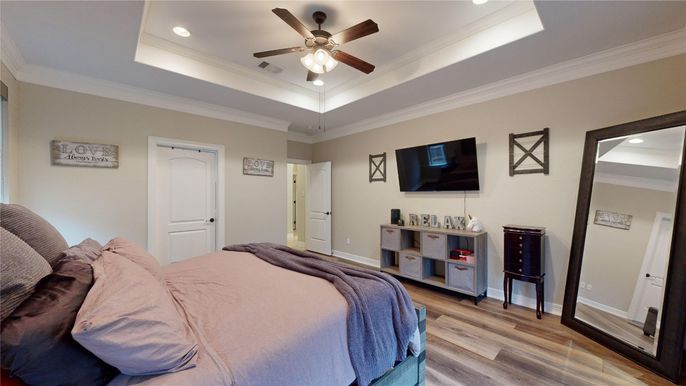 Bedroom, Interior, Recessed Lighting, Wood Texture Flooring