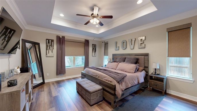 Bedroom, Interior, Recessed Lighting, Wood Texture Flooring