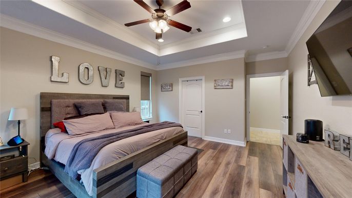 Bedroom, Interior, Recessed Lighting, Wood Texture Flooring