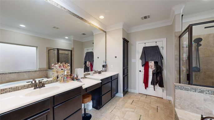 Bathroom, Dual Sink Vanities, Glass Shower, Interior, Recessed Lighting