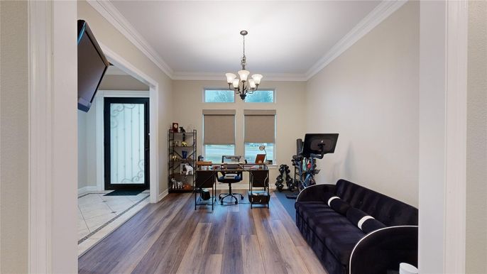 Chandelier, Fitness Equipment, Home Office, Interior, Wood Texture Flooring
