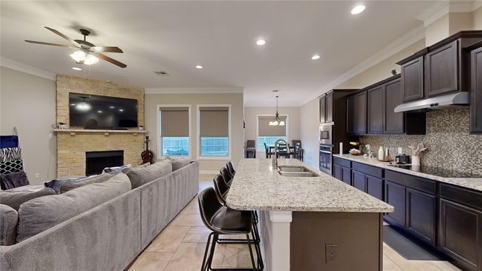 Fireplace, Interior, Kitchen, Living room, Pendant Lights, Recessed Lighting