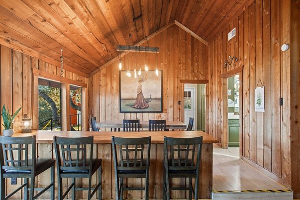 Dining room, Interior, Pendant Lights, Wooden Beams, Wooden Ceilings, Wood Texture Flooring, Wooden Walls