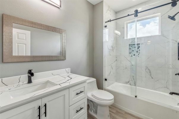 Bathroom, Glass Shower, Interior, Marble Walls, Wood Texture Flooring