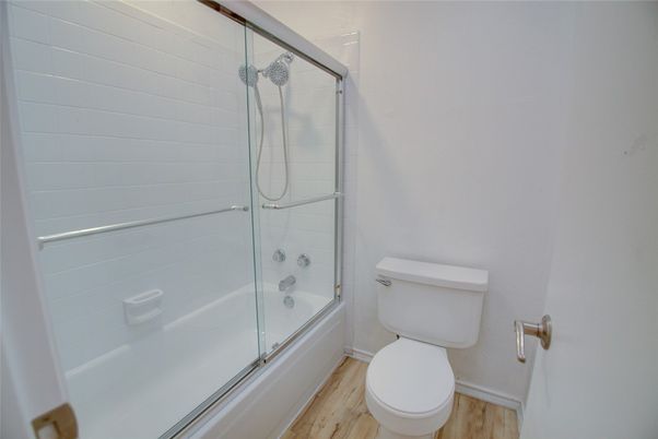 Bathroom, Glass Shower, Interior, Wood Texture Flooring