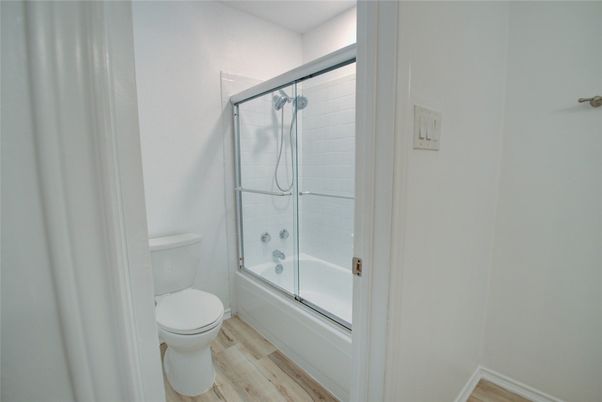 Bathroom, Glass Shower, Interior, Wood Texture Flooring