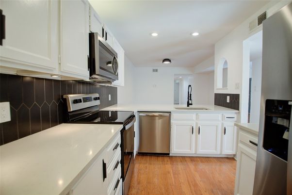 Interior, Kitchen, Recessed Lighting, Stainless Steel Appliances, Wood Texture Flooring