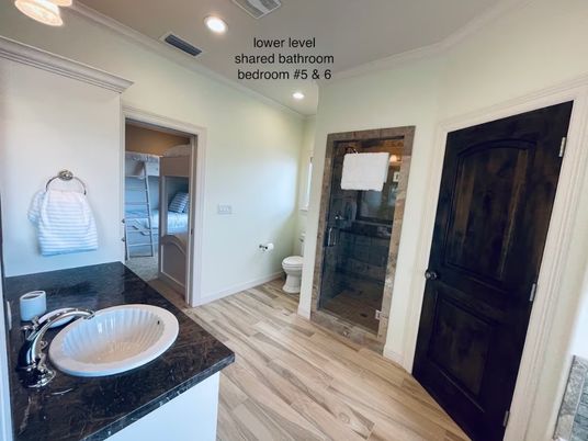 Bathroom, Glass Shower, Interior, Recessed Lighting, Wood Texture Flooring