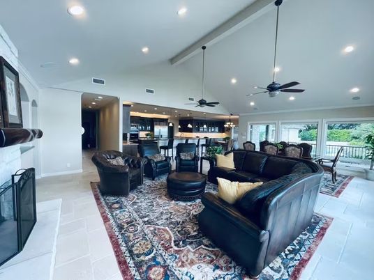 Fireplace, Interior, Kitchen, Living room, Pendant Lights, Recessed Lighting