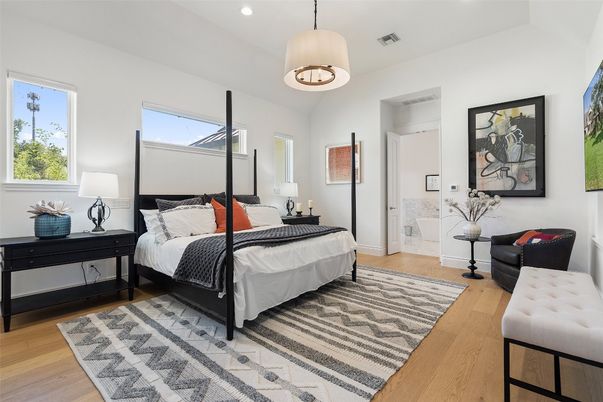 Bedroom, Interior, Pendant Lights, Recessed Lighting, Wood Texture Flooring