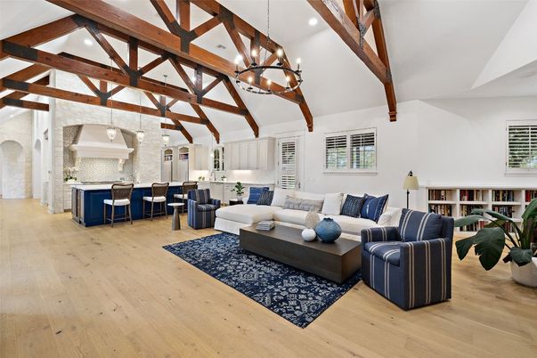 Chandelier, Interior, Kitchen, Living room, Pendant Lights, Recessed Lighting, Stone Walls, Wooden Beams, Wood Texture Flooring